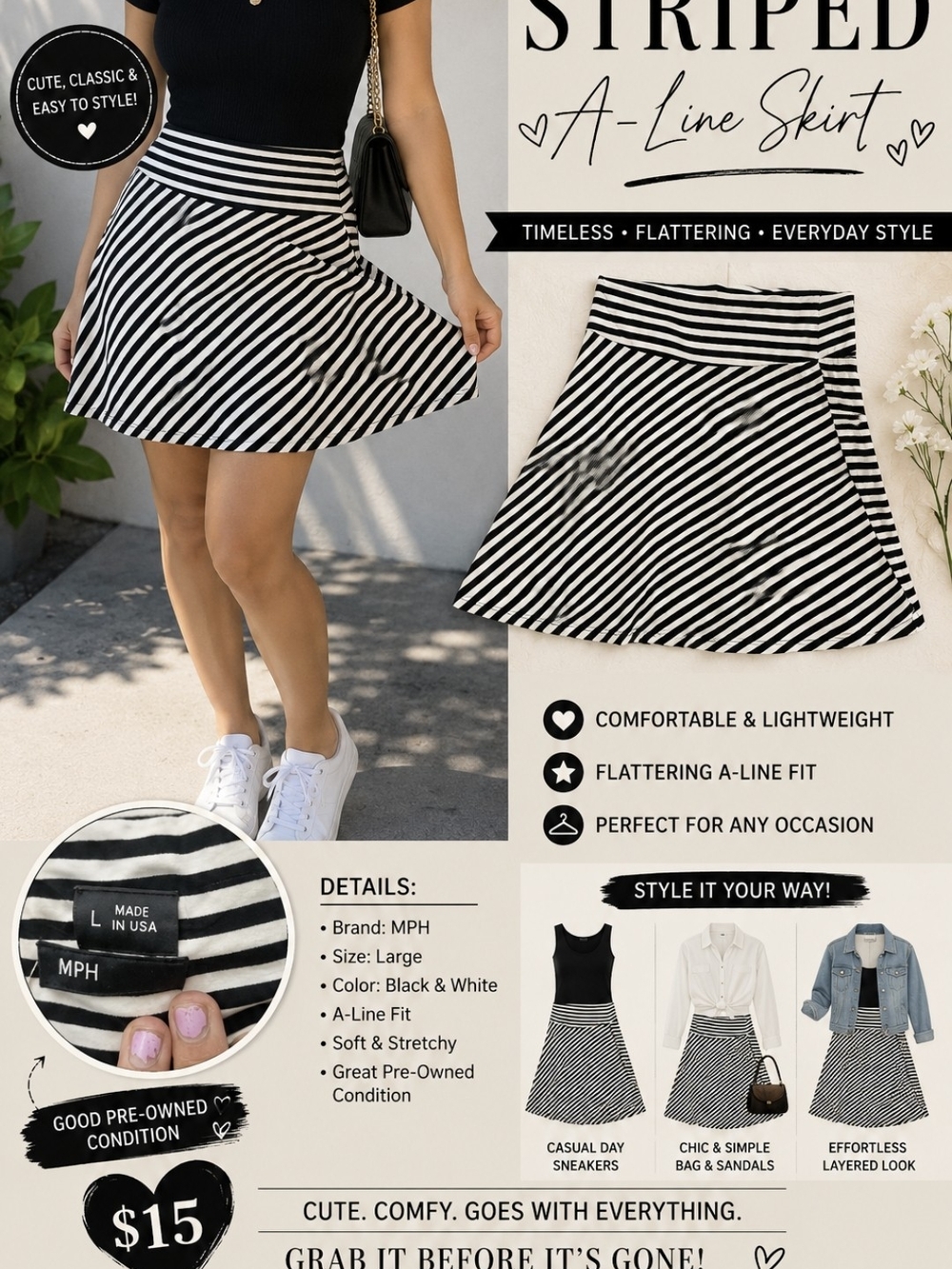 Black and White Striped A-Line Skirt
